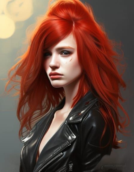 Red-Haired Girl in Cityscape, Hyperrealistic Portrait