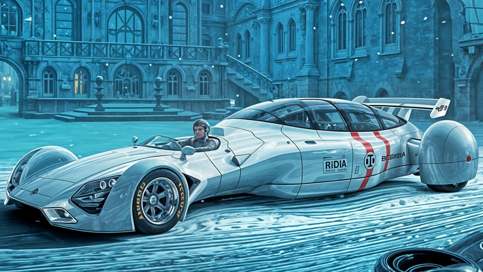 Futuristic Luxury Car Escaping Iced Neo-Gothic Palace