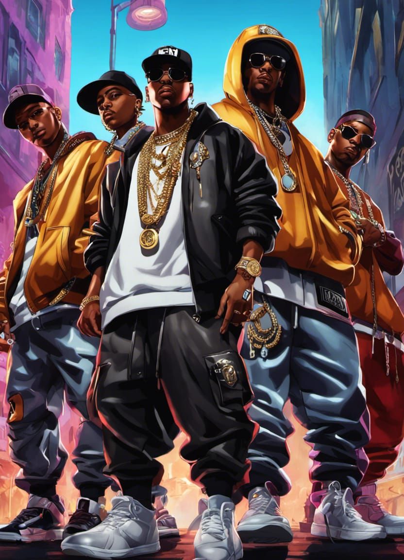 Rappers in Shadows: Graffiti Backdrop, Photorealistic Art