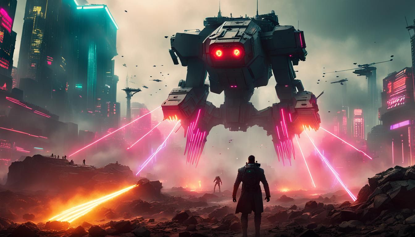 Cyberpunk Trench Warfare Scene with Giant Mech