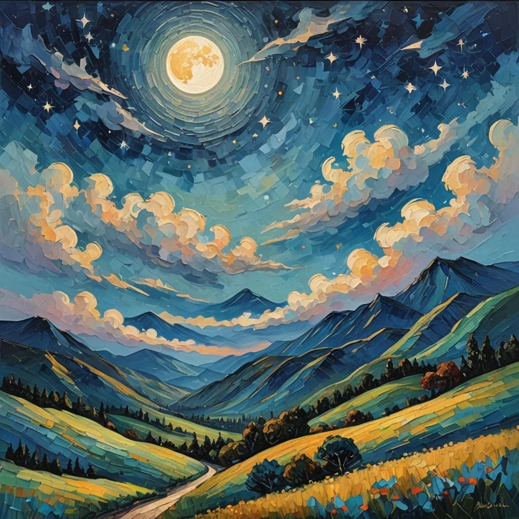 Striated Blue Moonrise: Expressionist Oil Painting