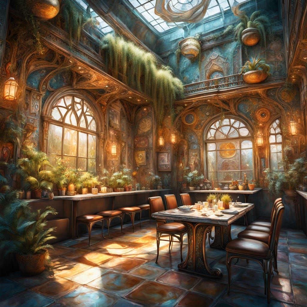 Serene Cafe Sanctuary in Abstract Surrealism Style
