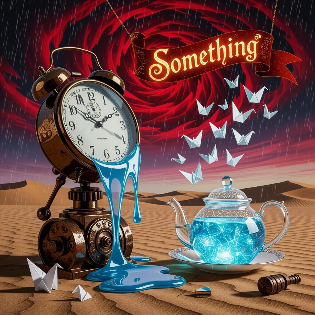 Surreal Desert Automaton with Melting Clock and Origami Bird...