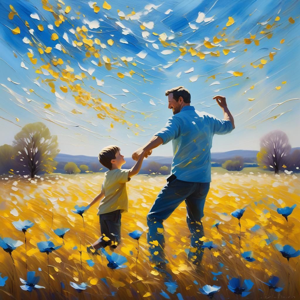 Father and Child Playing in Sunlit Field as Oil Painting