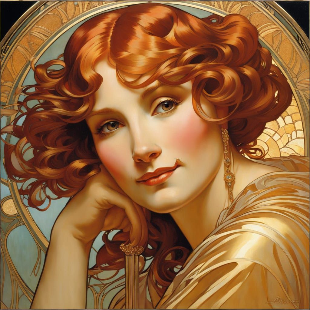 Art Deco Portrait of a Woman in Gold, Mucha Style