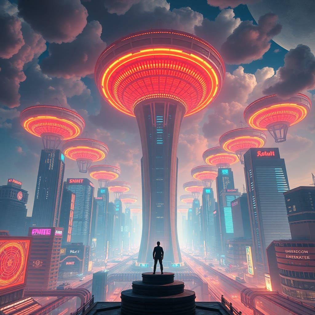 Futuristic Metropolis: Spaceships over Neon Cityscape