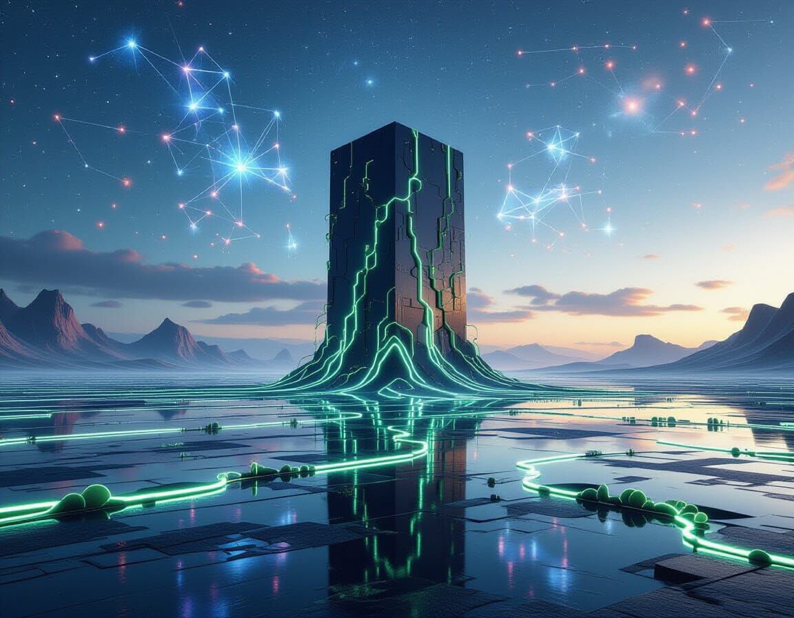 Alien Landscape with Luminous Vines on Monoliths