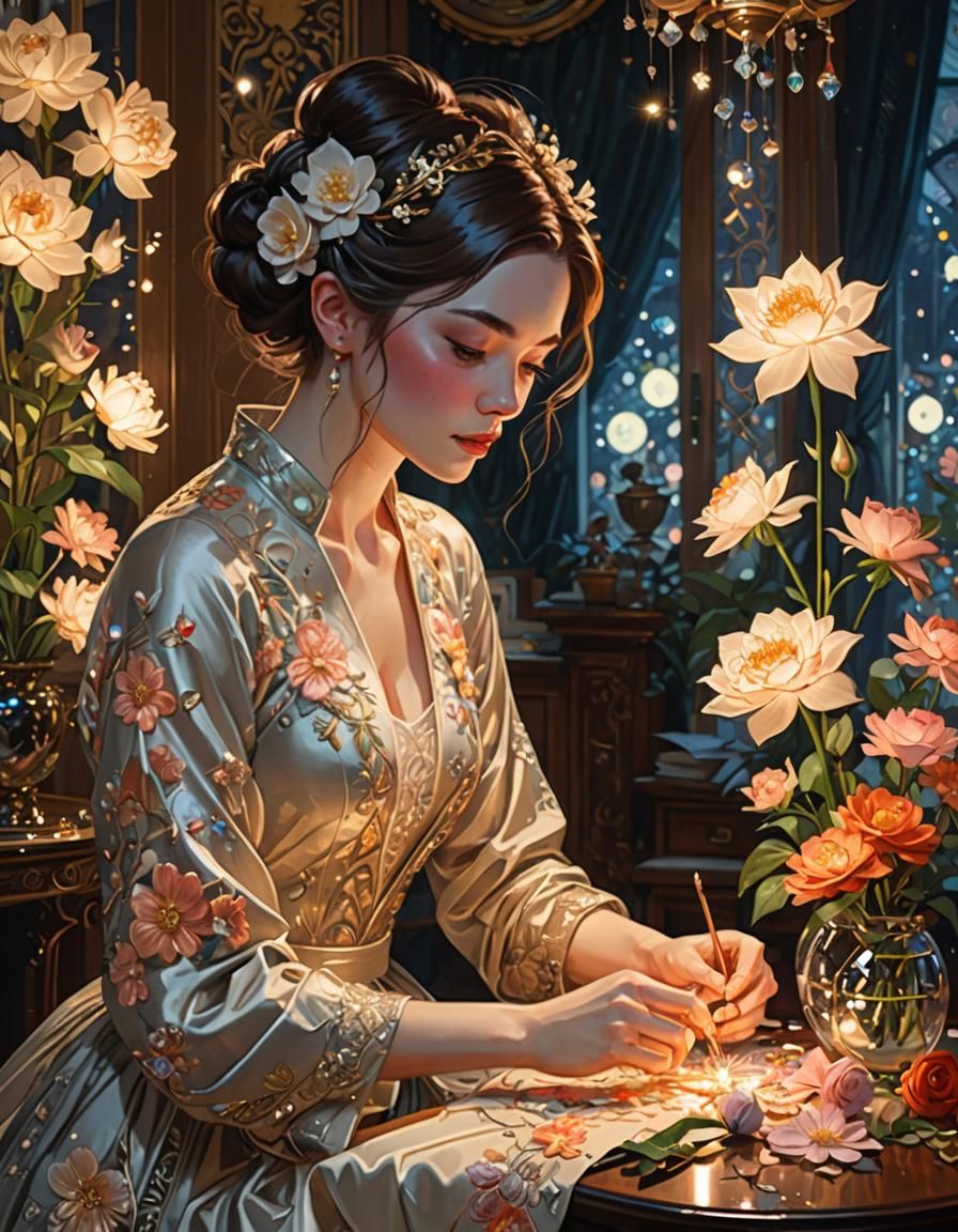 Woman Embroidering Flower in Ornate Room Interior