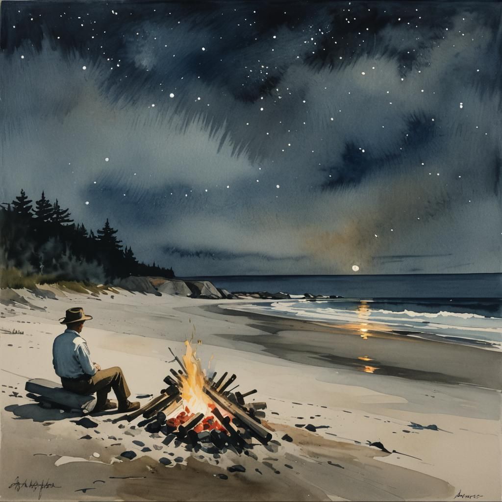 Beach Bonfire at Night in Gouache Watercolor Style