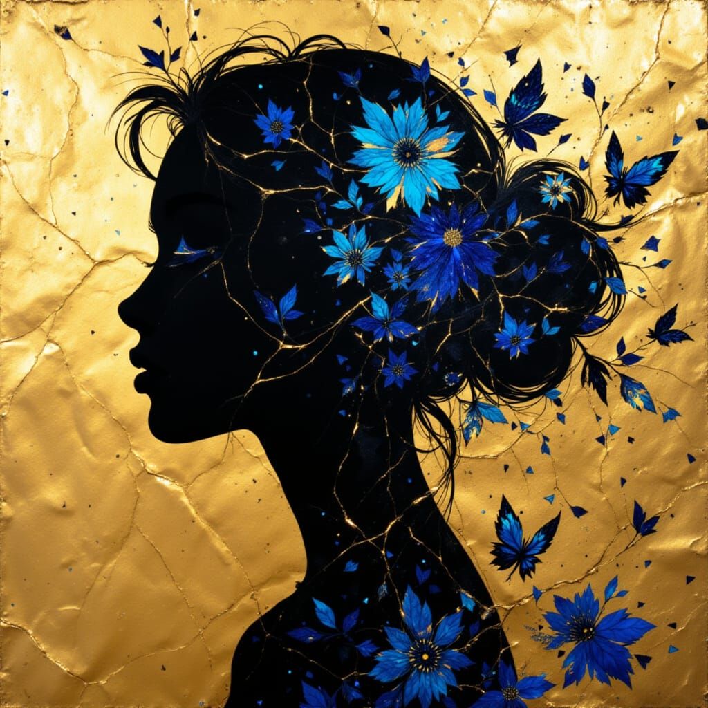 Black Ink Silhouette Portrait on Luminous Gold Leaf