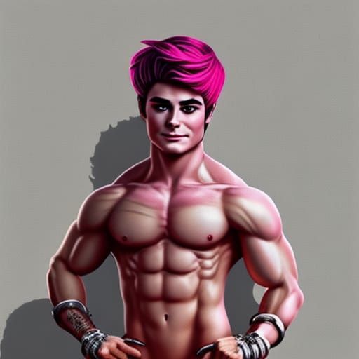 Zach Efron wearing a sissified pink wig . Muscular and very large penile gland trying to cover it with his strong hands...