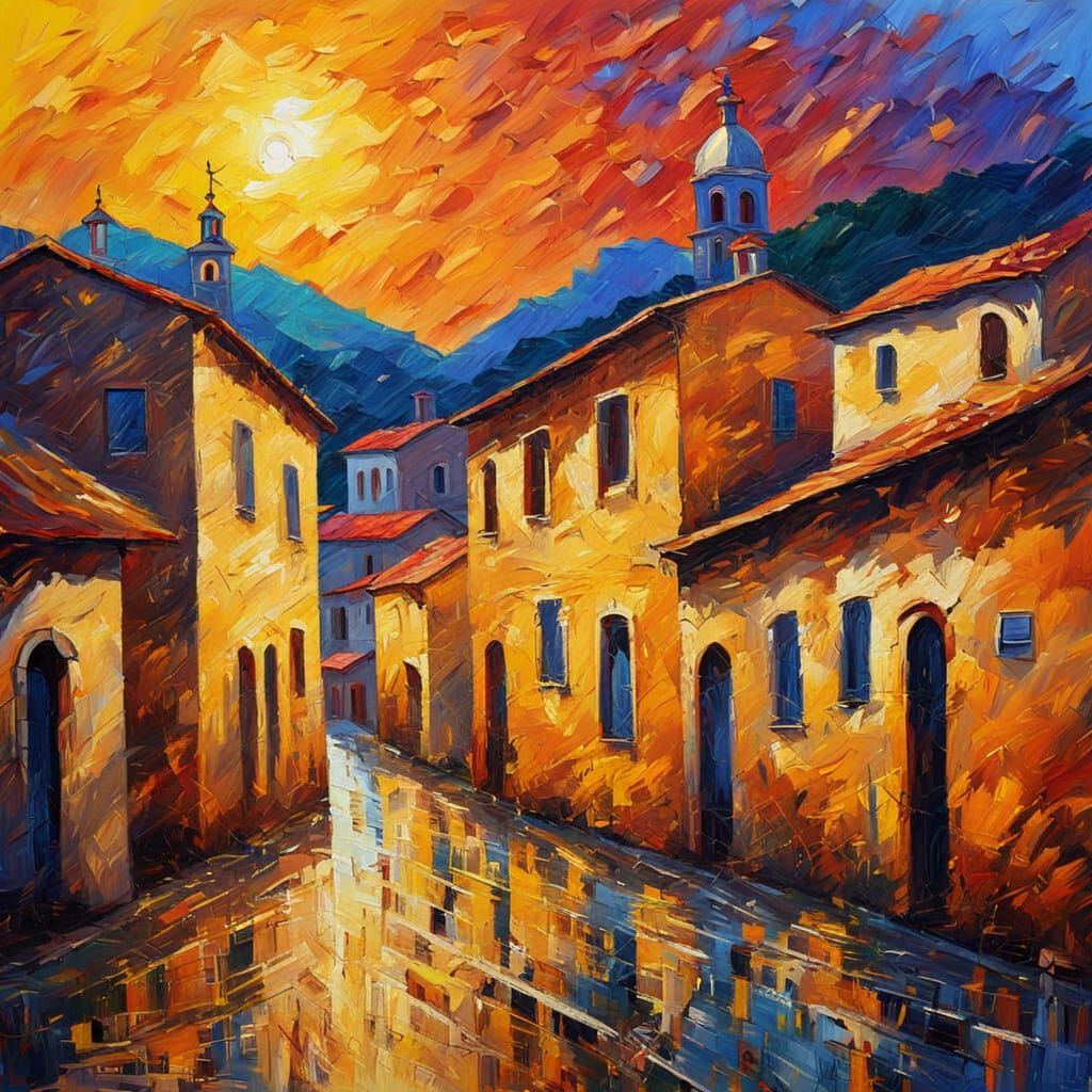 Sardinia Italy Townscape in Neo-Impressionist Oil Painting