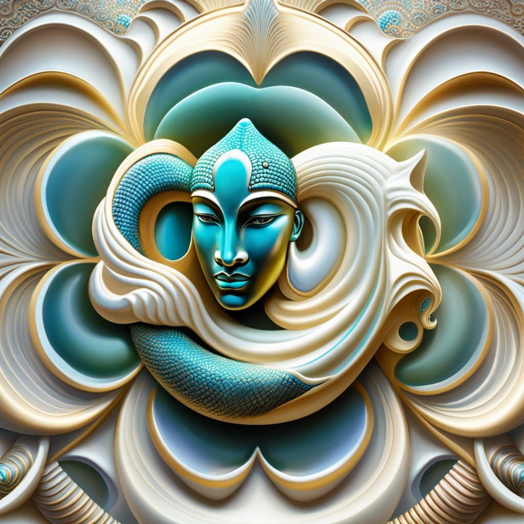 Shiva and Shakti seated entwined in a lotus flower, 3D, porcelain texture, marble texture, alabaster texture, malakite t...