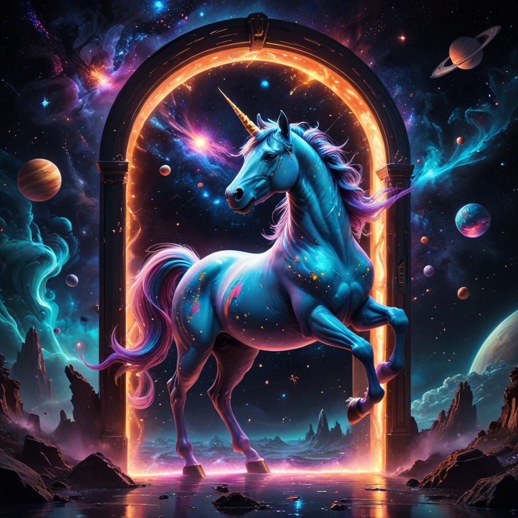Psychedelic Cosmic Unicorn with Spaceships and Planets