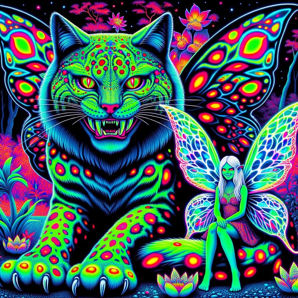 Gothic Rave Feline and Fairy in Inverted Colors