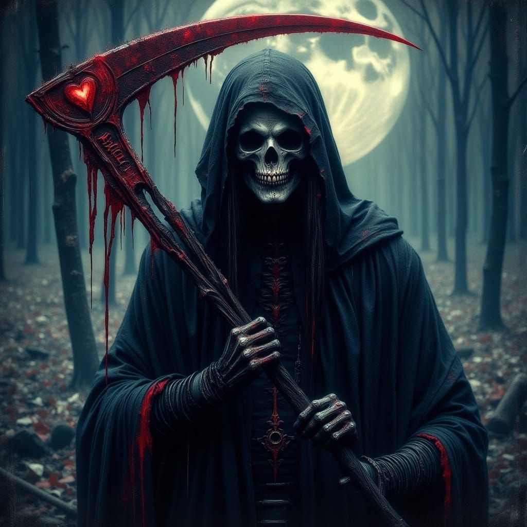 Gothic Grim Reaper in Dark, Moonlit Landscape