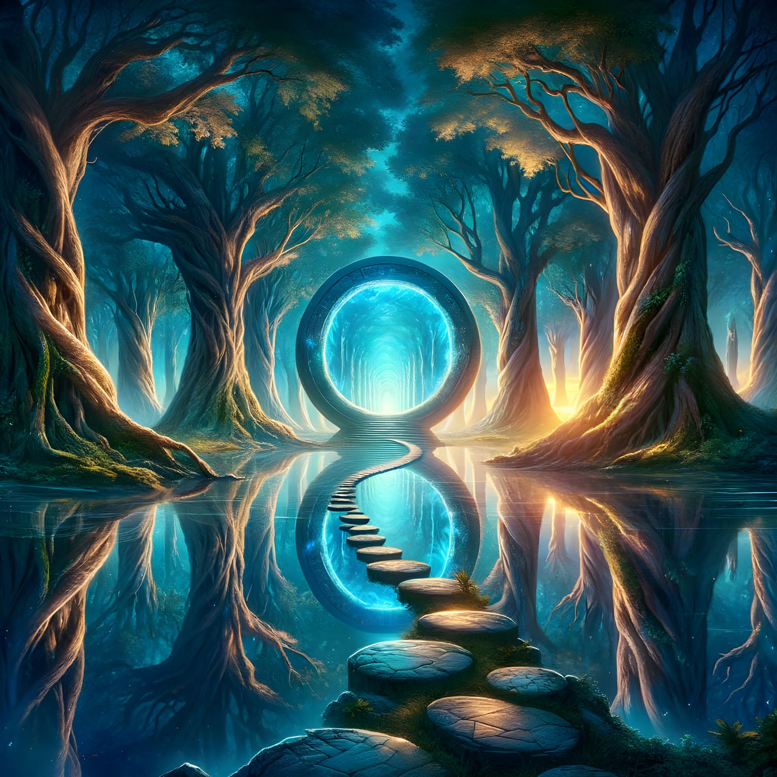 Mystical Forest with Ethereal Mirrors and Stone Gateway