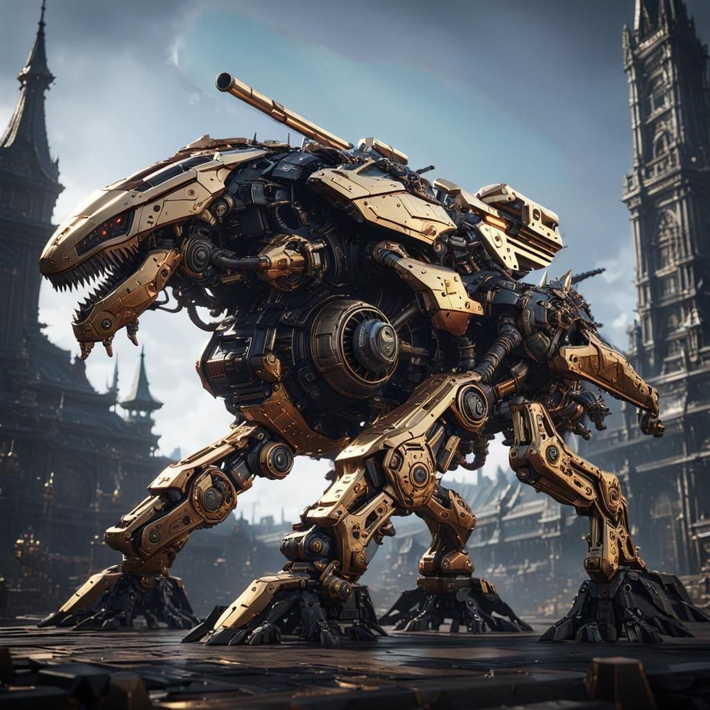 Futuristic Gold Mech with Chain Guns in Sci-Fi Scene