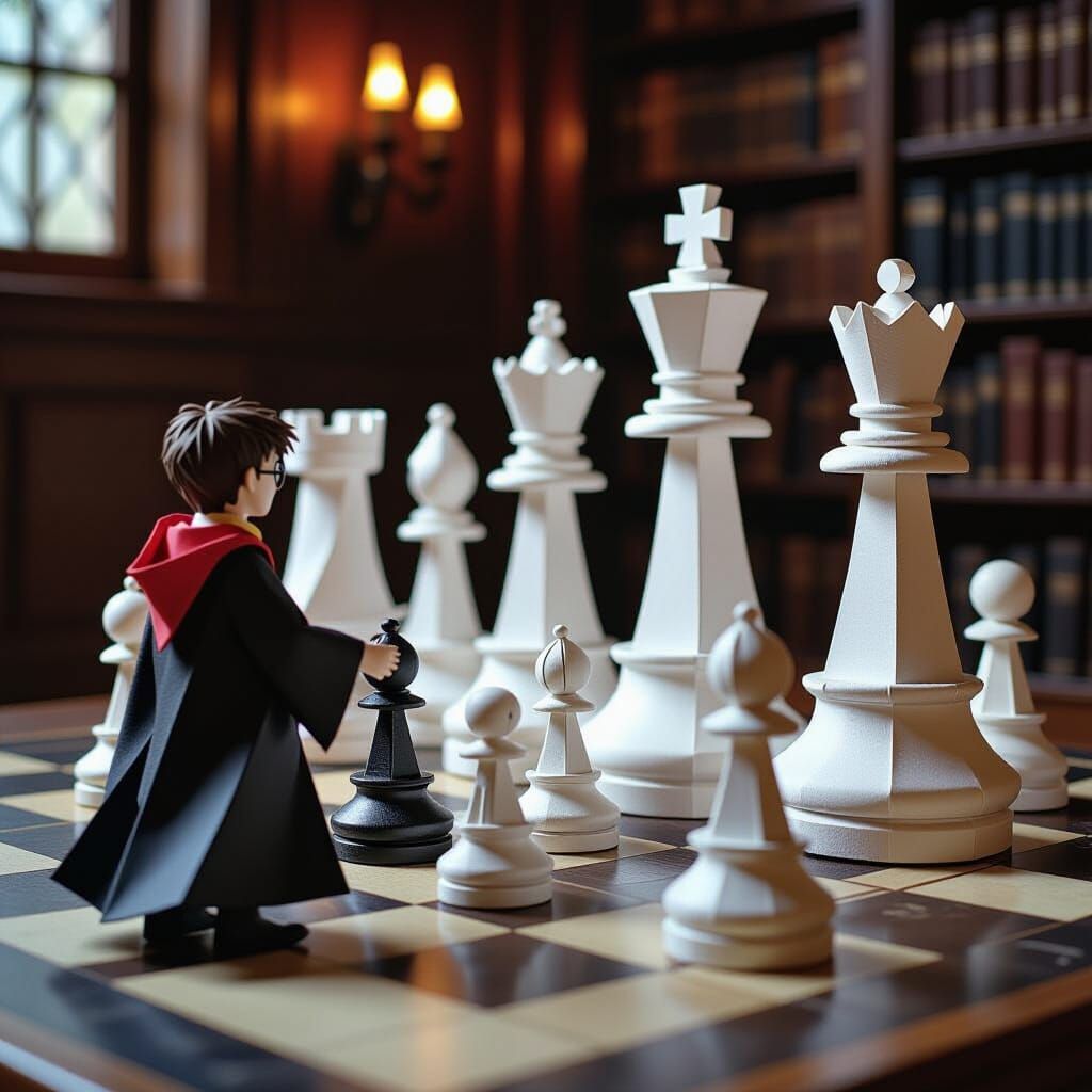 Origami Wizard Chess Scene in Papercraft Style