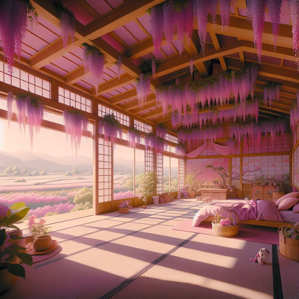 Cozy Bedroom with Wisteria Vines, Japanese Animation Style