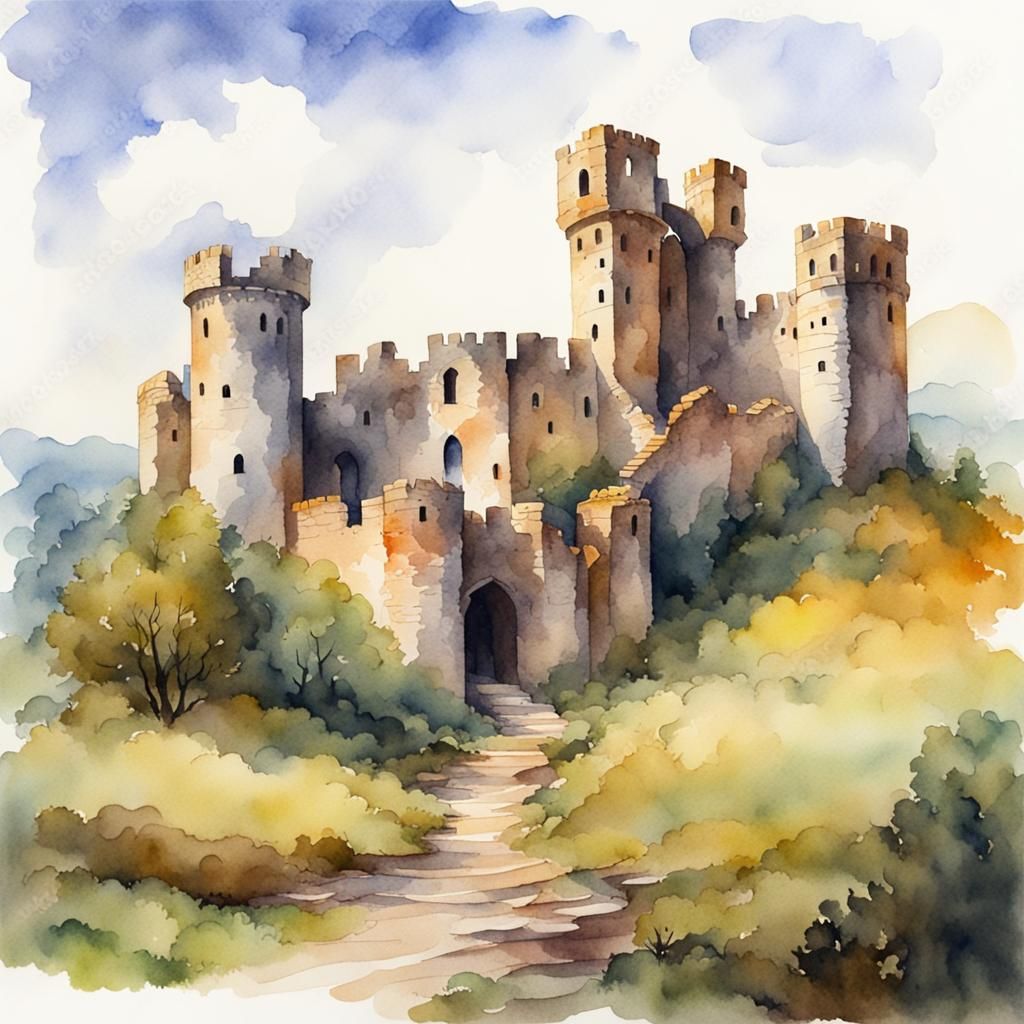 Watercolor Landscape of Medieval Castle Ruins