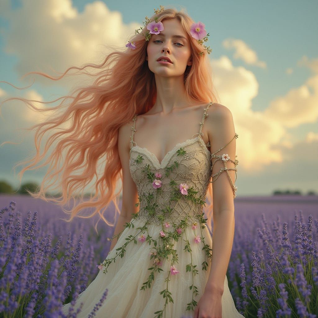Woman with Rose Gold Hair in Lavender Field