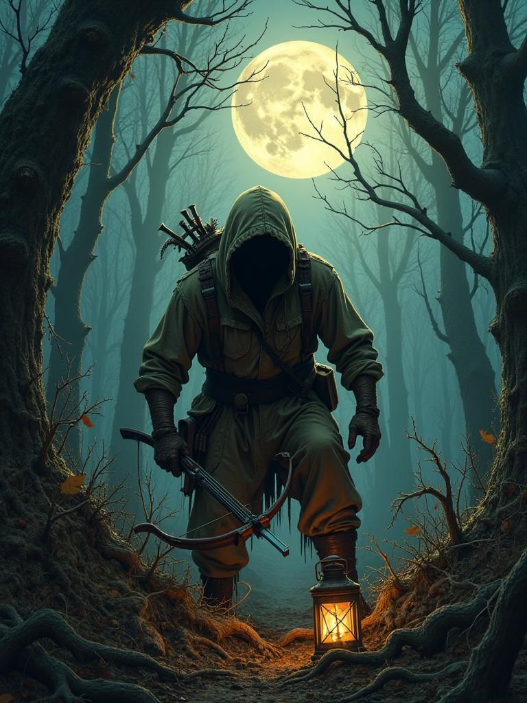 Poacher in Dark Forest: Halloween Cinematic Concept Art