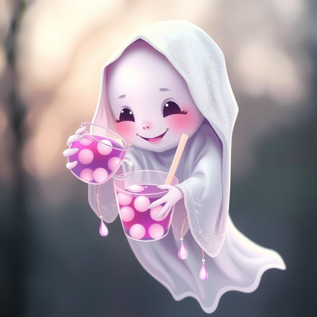 Ghost Sipping Ube Boba Tea in Dreamlike Pastel Art