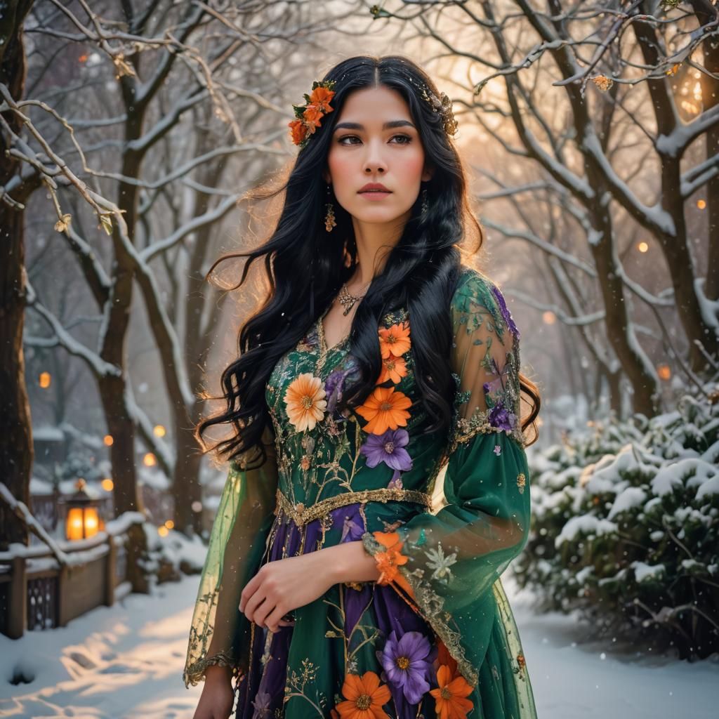 Art Nouveau Girl in Snowy Christmas Setting