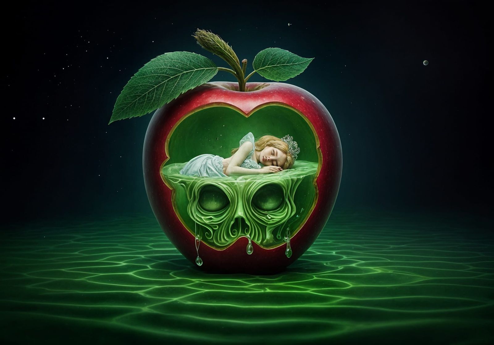 Surreal Dreamscape with Sleeping Beauty Floating in a Poison...