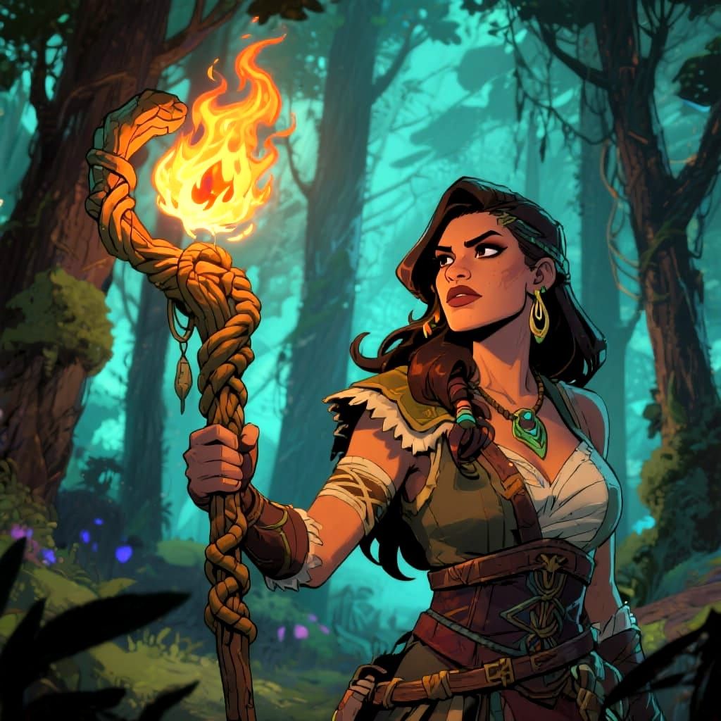 Latina Druid With Magical Flame Staff in Forest