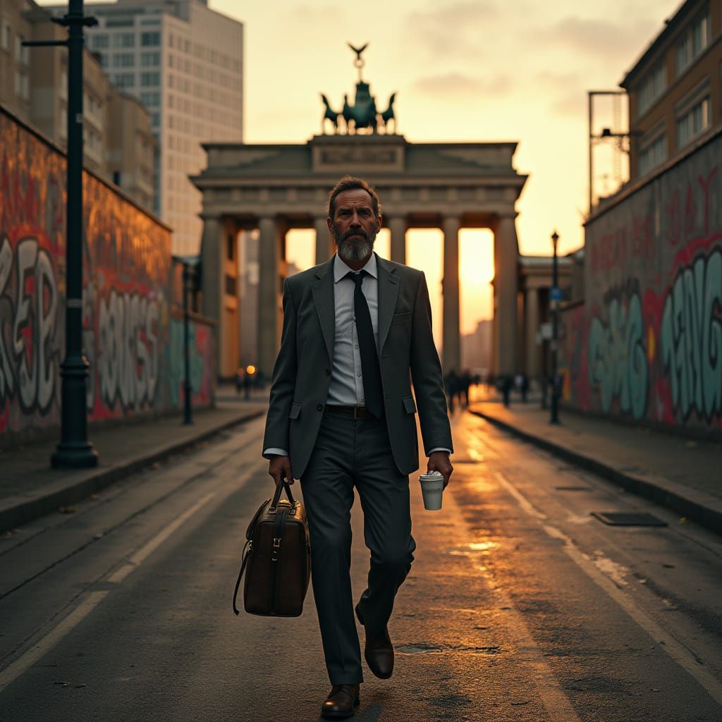 Tall Man in Gritty Berlin Street in Cyberpunk Style