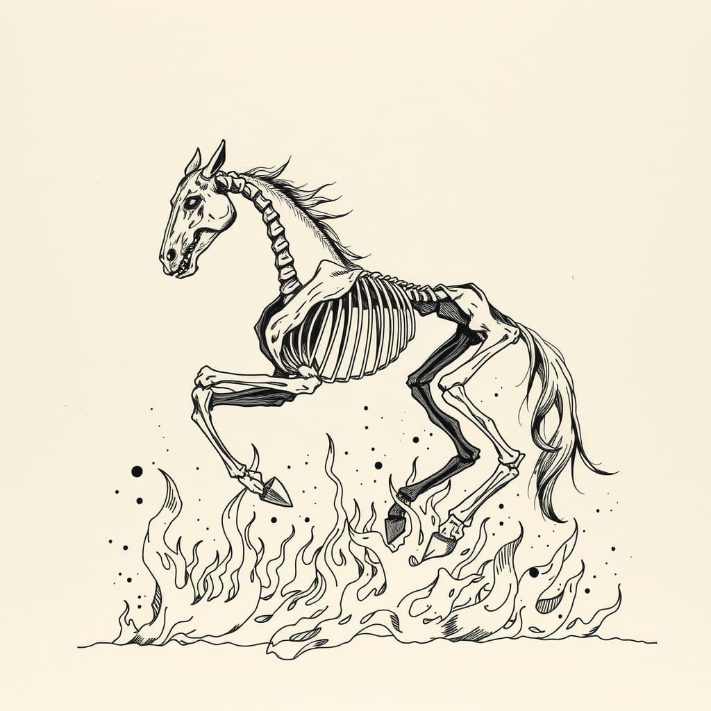Fiery Black Horse Skeleton Sketch in Gothic Horror Style