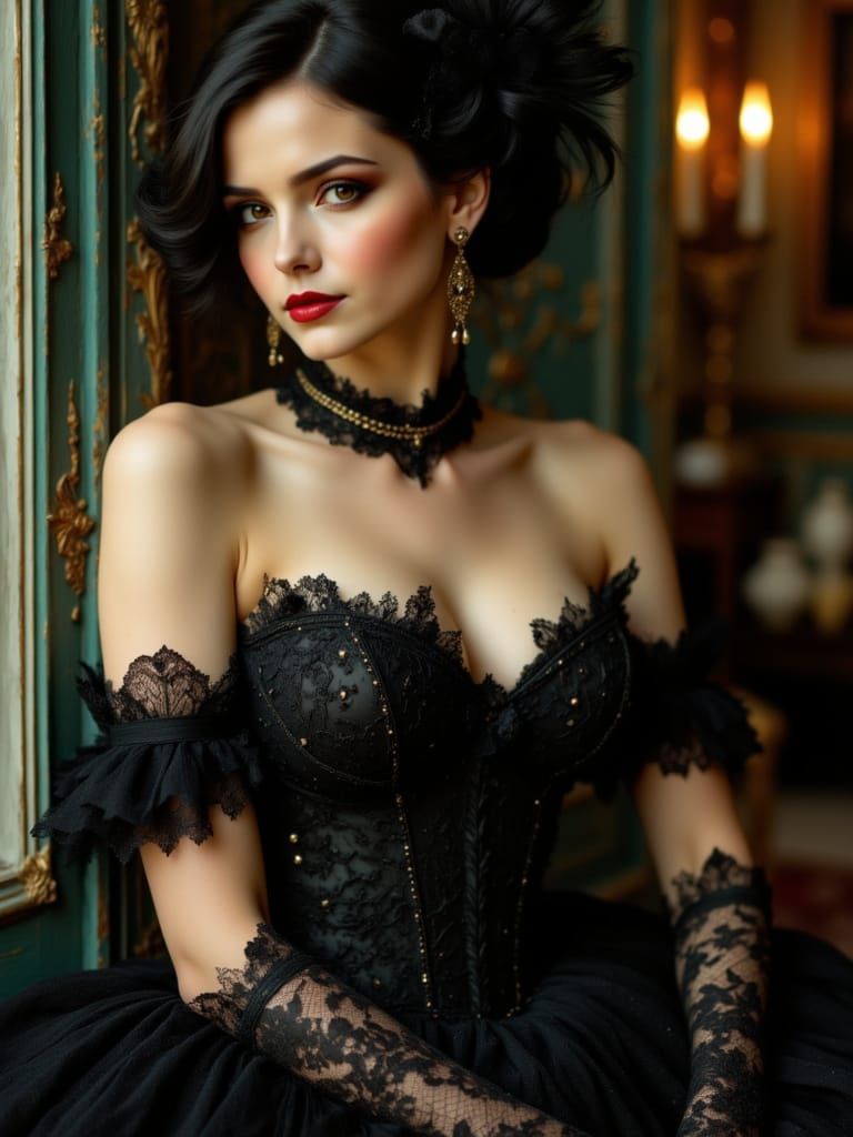 Elegant Lady in Burlesque Wear in Boudoir Setting