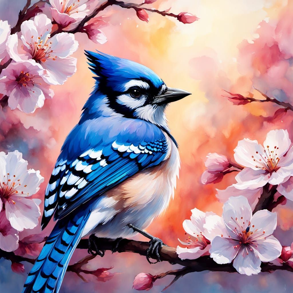 Bluejay on Cherry Blossom Branch: Watercolour Painting