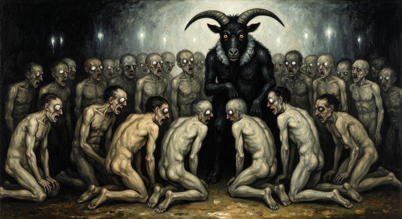 Grotesque Ritual Painting with Black Goat in Goya's Style