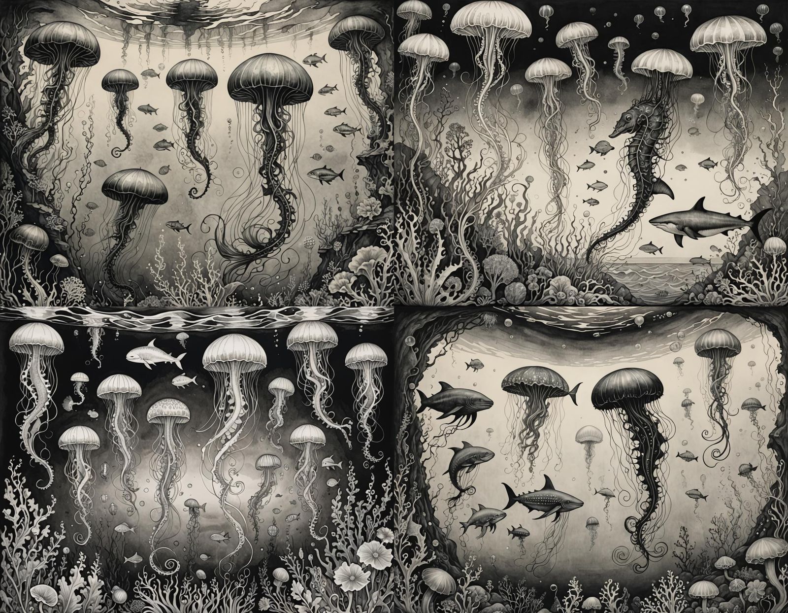 Surreal Underwater Wonderland with Jellyfish and Seahorses