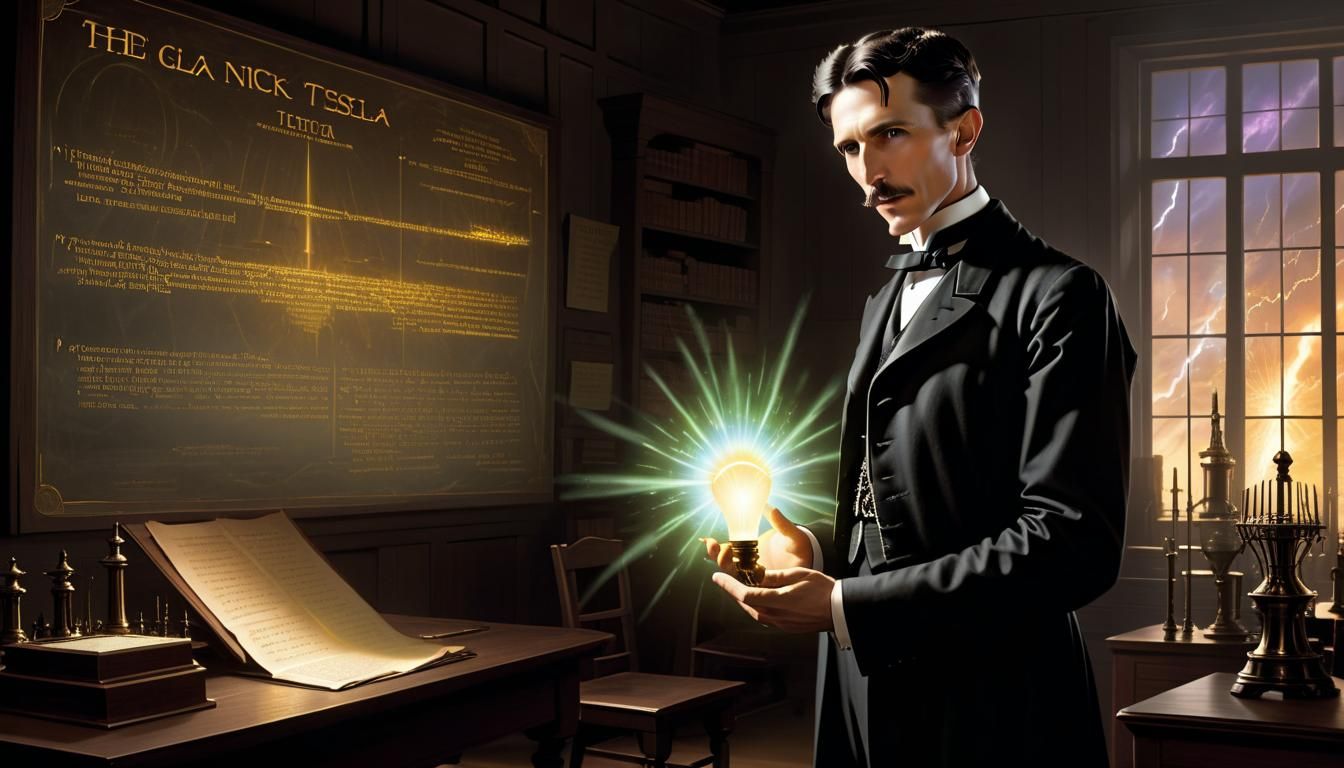 Nickola Tesla Holds His New Light Bulb without a Wire