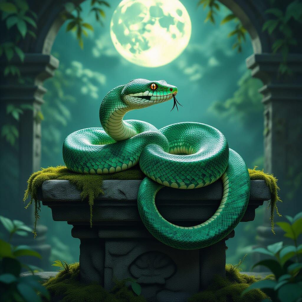 Emerald Python on Ancient Altar in Ethereal Moonlight