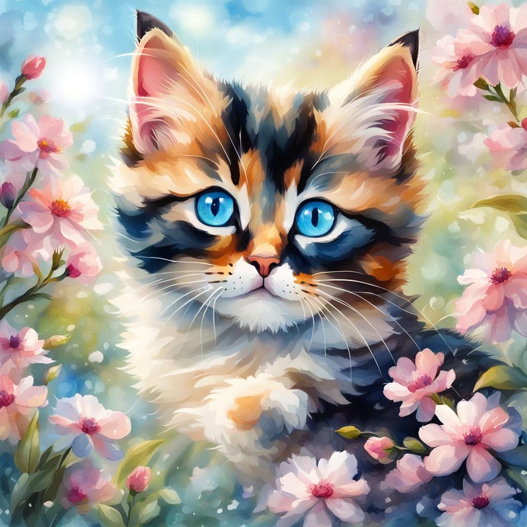 Dreamlike Kitten in a Blossom Garden: Watercolor