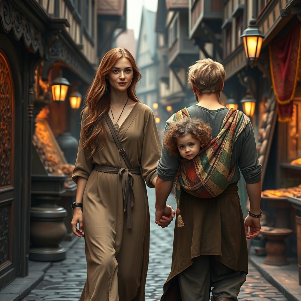 Family Stroll Through Medieval Market in Earth Tones