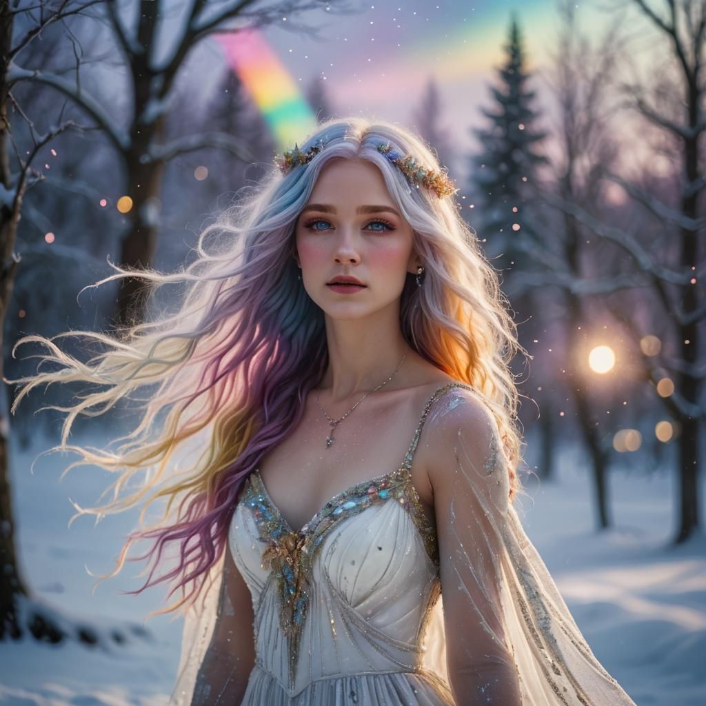 Rainbow-Haired Snow Goddess Portrait in Ethereal Light