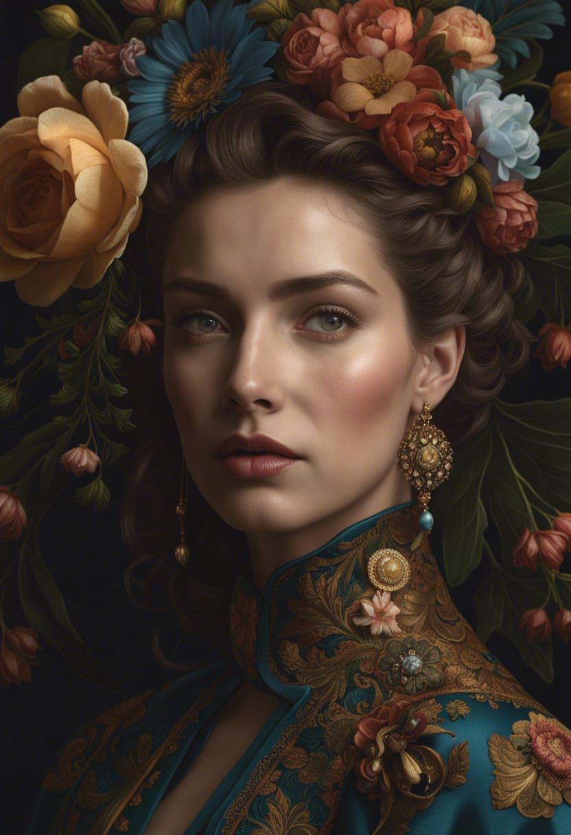 Fractal Art Portrait in Rococo Art Nouveau Style