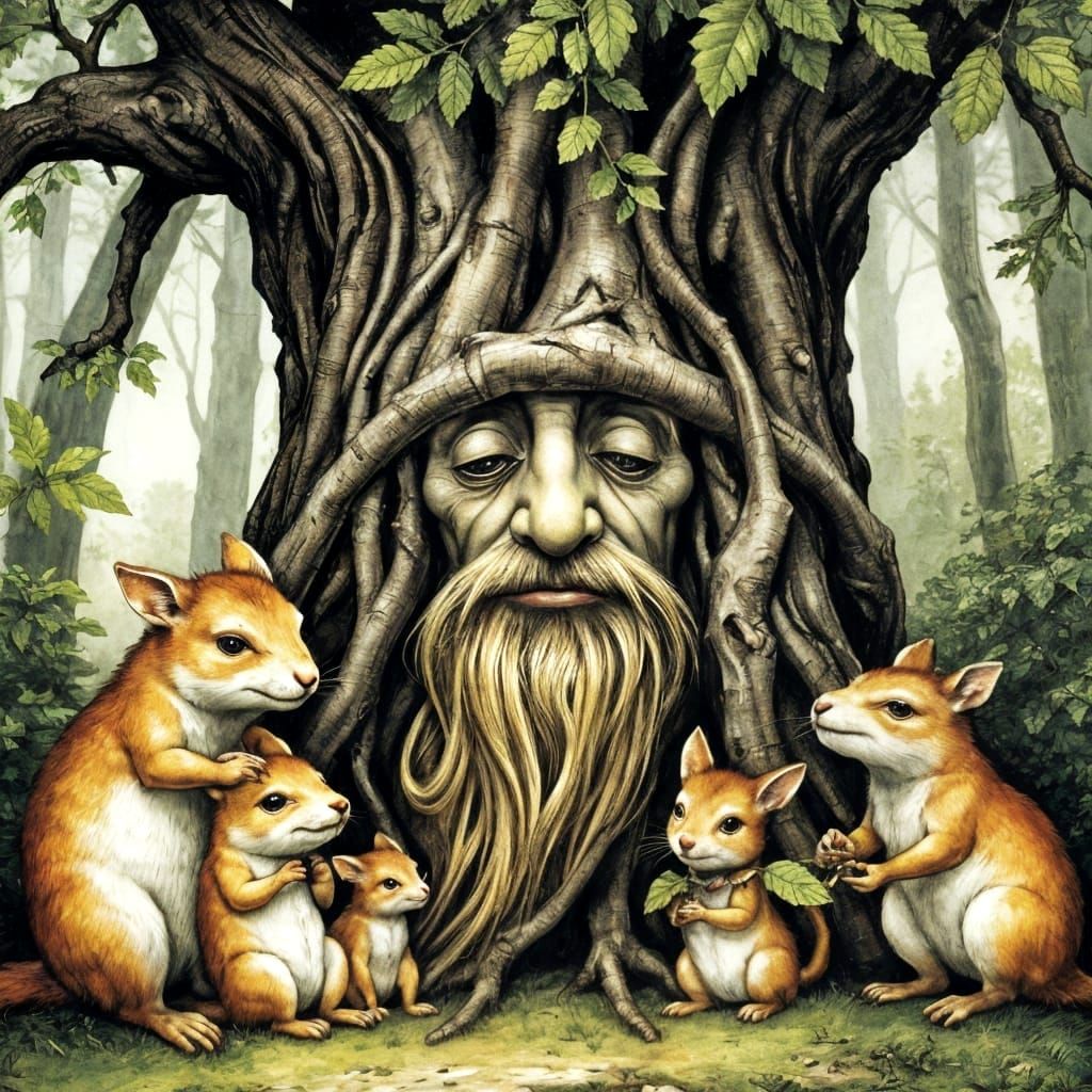 Enchanted Forest Gathering Around a Wise Old Tree