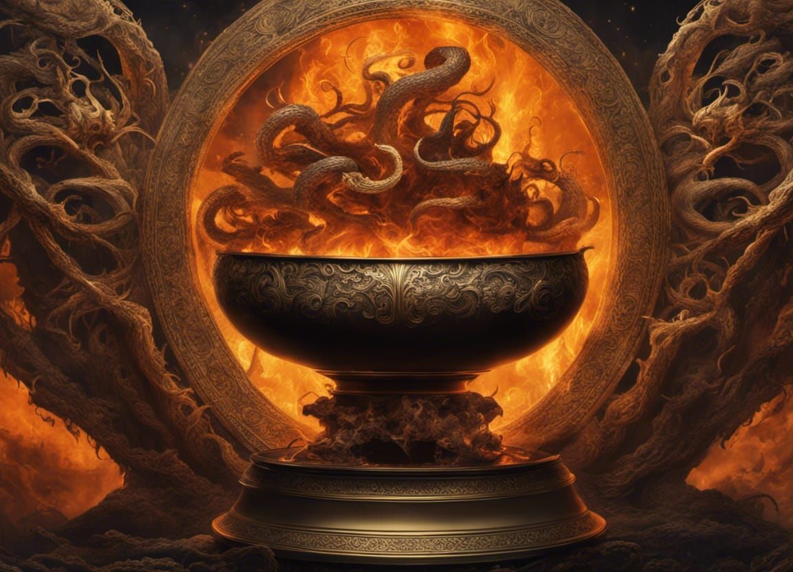 Fiery Smoke Tentacles Rising from Golden Bowl