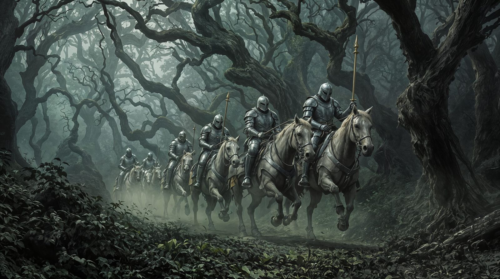 Medieval Knights Ride into Dark Forest Shadows