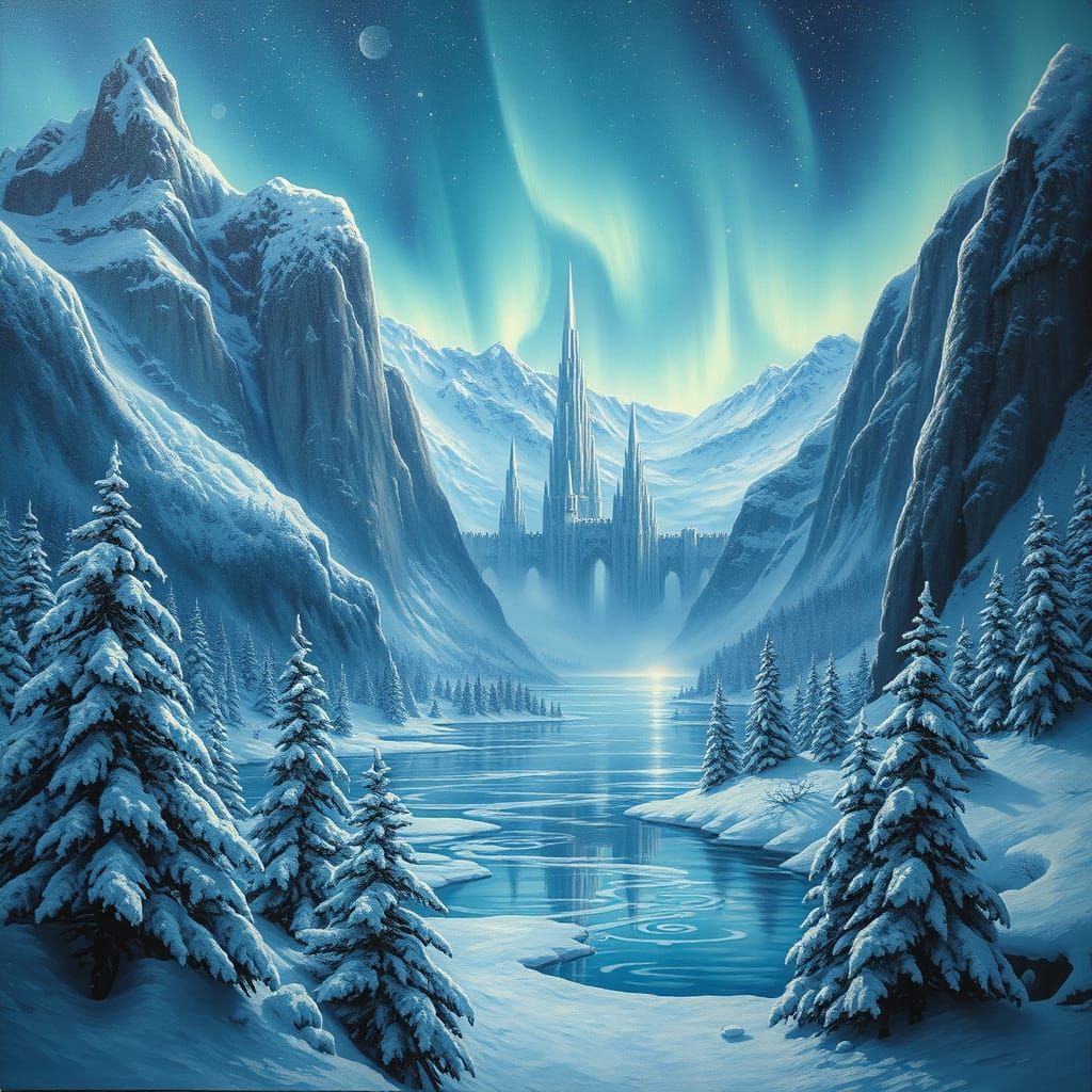 Winter Kingdom Under Northern Lights in Majestic Oil Paintin...