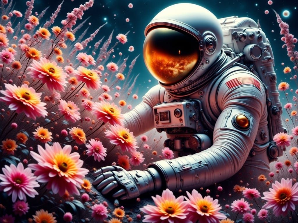 Surreal Astronaut Tends Ethereal Bloom in Lunar Garden