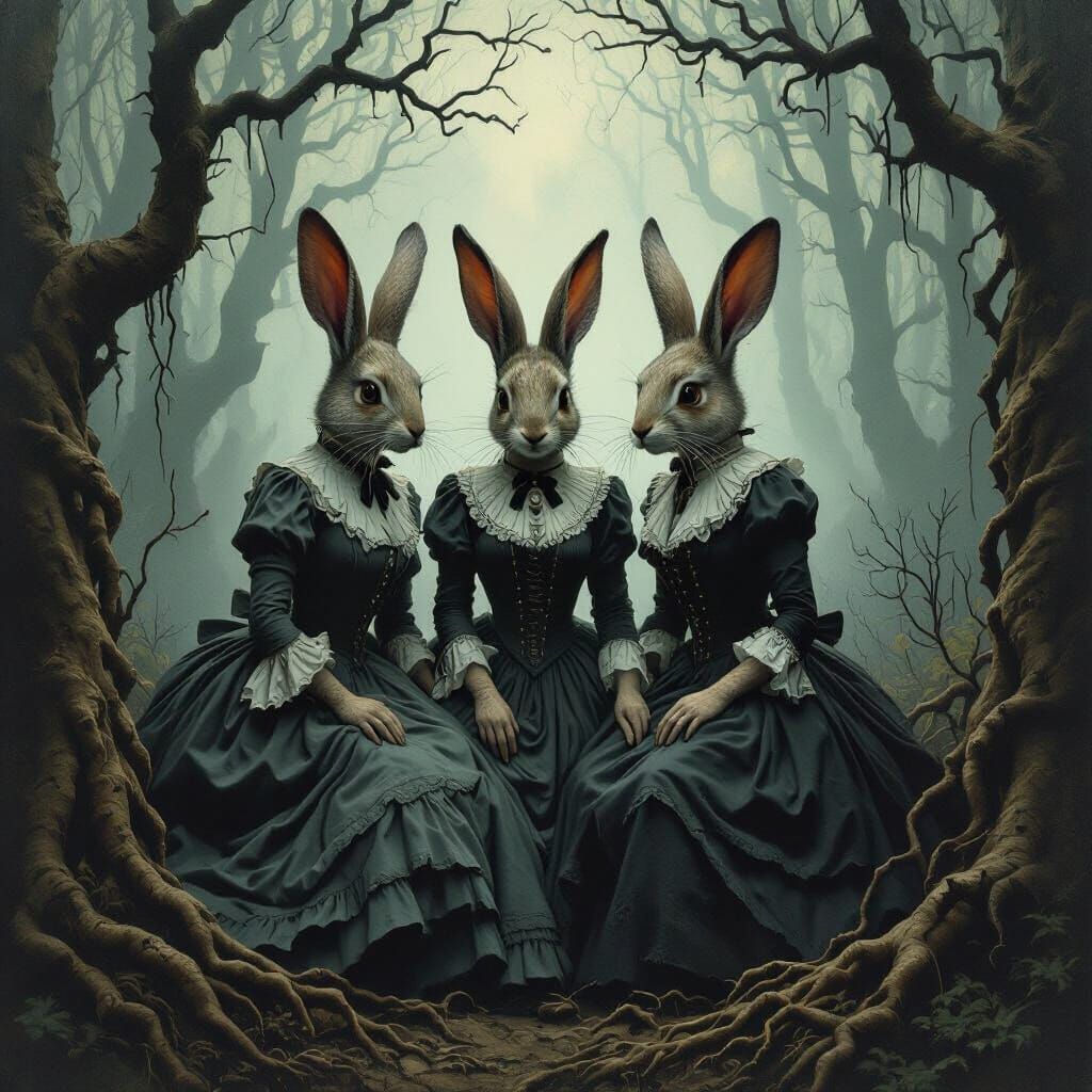 Eerie Rabbit Woman in Mystical Forest, Etching Style