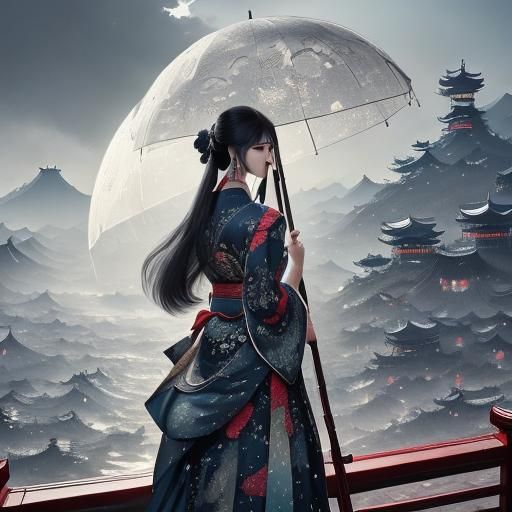 Girl in Hanfu Watching the Moon, Detailed Matte Painting